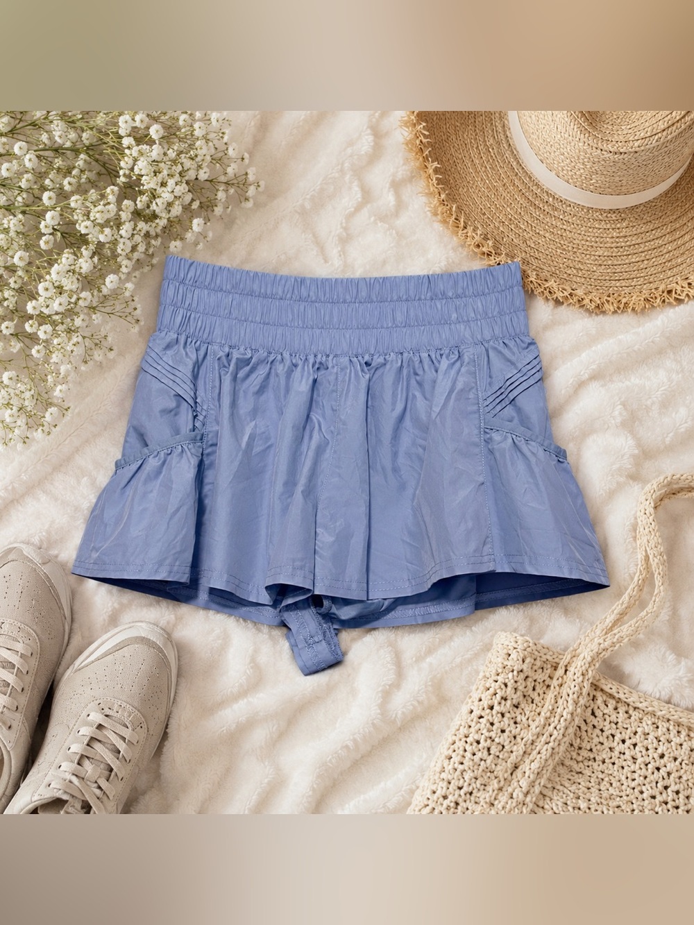 Free People Movement Blue Smocked Ruffle Shorts Athletic Activewear Size S